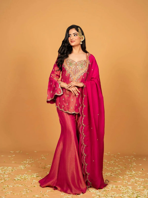 Elegant Magenta Embroidered Sharara Set with Dupatta | Festive & Wedding Wear